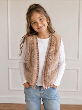 Max Studio Girls Blush Faux Fur Sweater Vest Knit Open Front Size 7/8